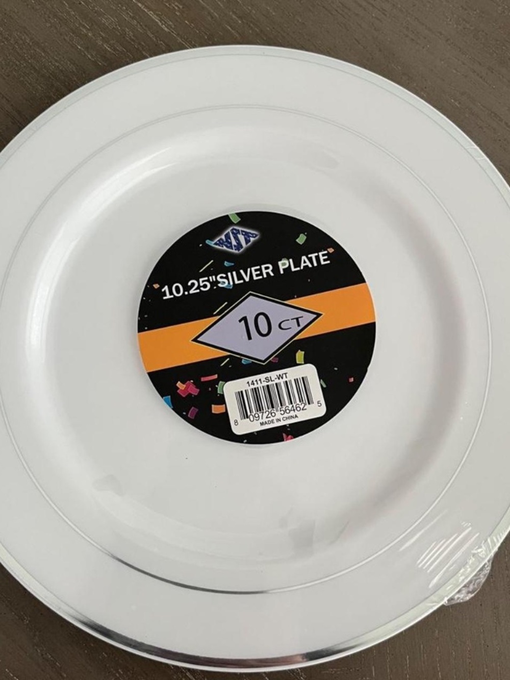 Pack of 10 WHITE Round Plastic Plates with SILVER metallic trim